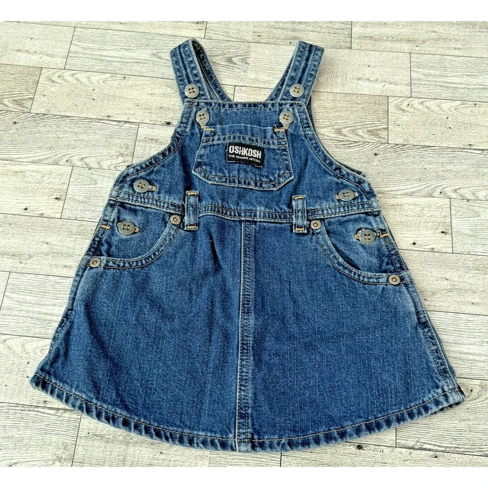 VTG OshKosh Bgosh Vestbak Denim Overall Dress Jumper Baby Girl Skirt 90s 6-9 MOS